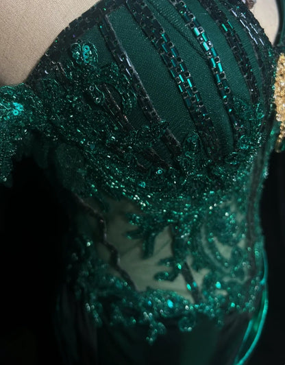 Robes de bal modestes d'inspiration sirène, épaules dénudées, vert émeraude foncé, fente, dentelle, robes de soirée longues années 80 N3389