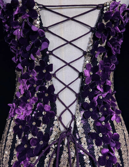 Glitzer-Abschlussballkleider Meerjungfrau Spaghetti-Träger Lila Chiffon Mit Blumen Langes Formelles Abendkleid N3893