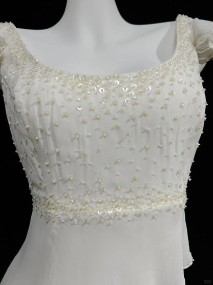 Cute A Line Square Neck White Chiffon With Beads Prom Dresses Formal Outfits RB3939
