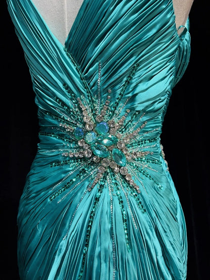 Robes de bal modestes d'inspiration sirène col en V bleu avec perles à volants pour femme robe de soirée N3234
