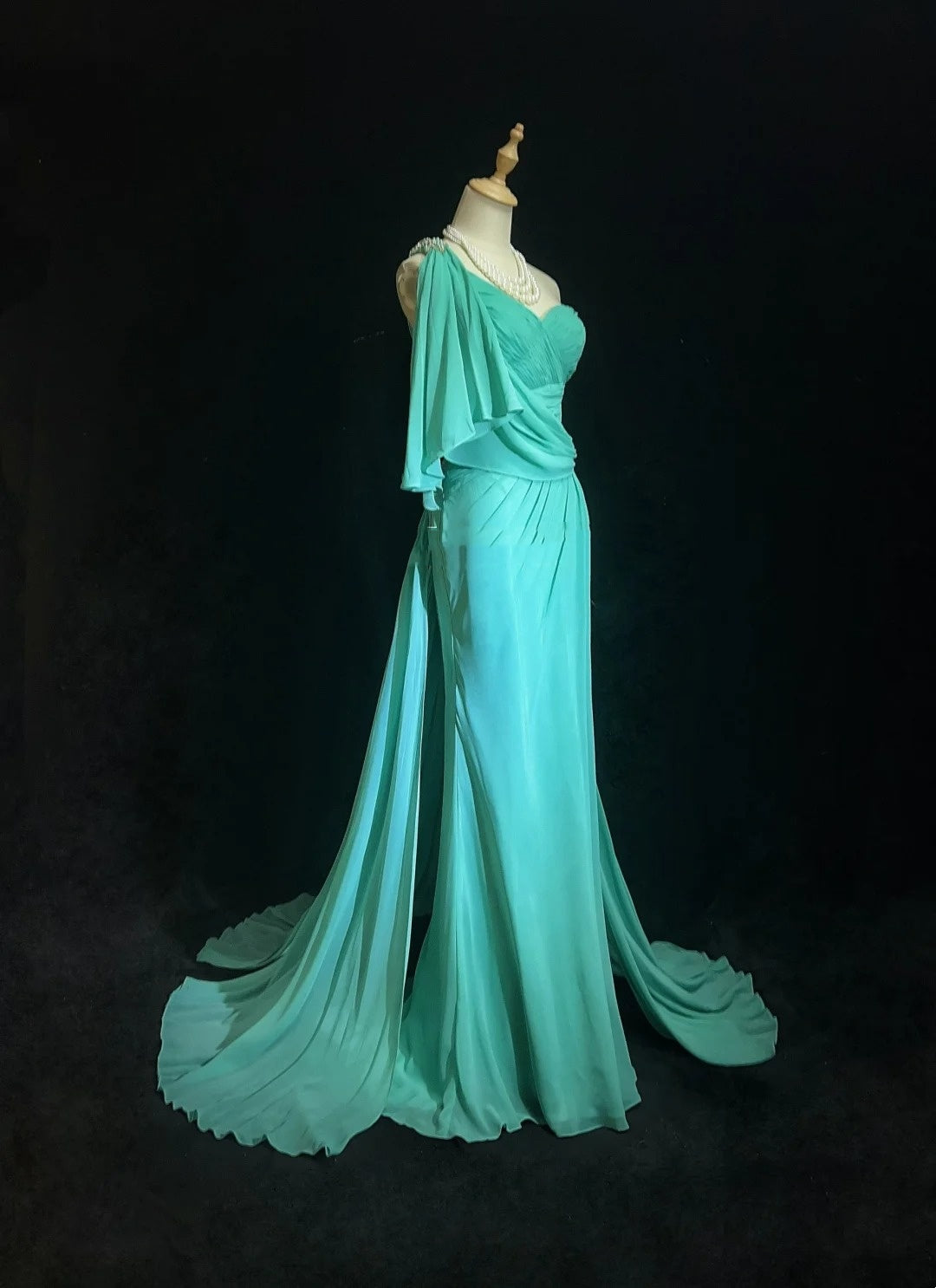Vintage Abschlussballkleider Meerjungfrau One Shoulder Blau Chiffon 80er Lang Festliches Kleid N2758