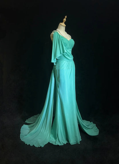 Vintage Abschlussballkleider Meerjungfrau One Shoulder Blau Chiffon 80er Lang Festliches Kleid N2758