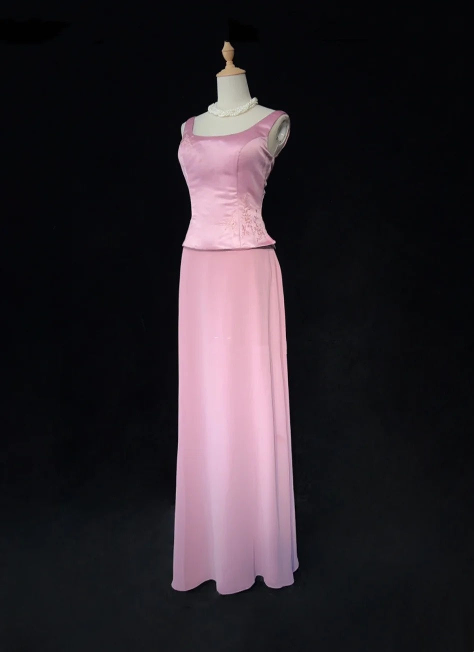 Robes de bal vintage en satin rose coupe trapèze à col carré avec perles, longue robe de soirée formelle années 90 N2662