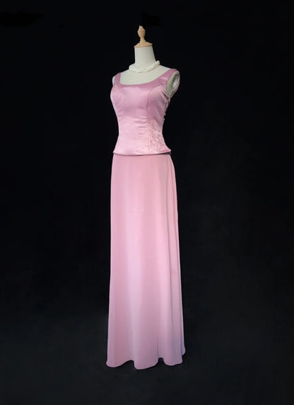 Robes de bal vintage en satin rose coupe trapèze à col carré avec perles, longue robe de soirée formelle années 90 N2662