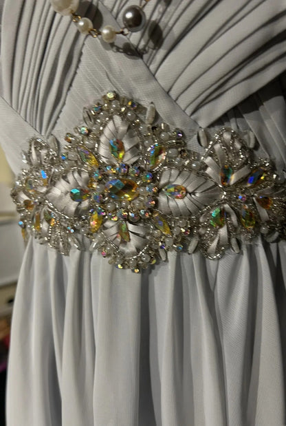 Vintage Prom Dresses A line Strapless Gray Chiffon With Beaded Bodice Sleeveless 1990s Long Formal Evening Gown N2636