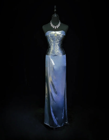 Robes esthétiques de bal vintage bleu marine coupe trapèze avec perles longue robe de soirée N3025