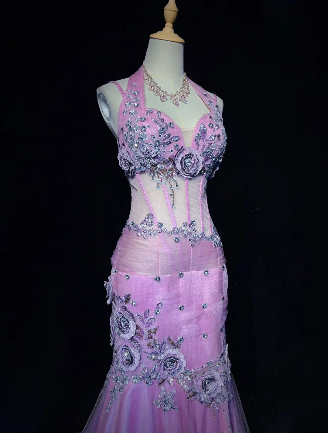 Modest Prom Dresses Mermaid Halter Lilac Tulle With Beading Lace Long Formal Evening Dress N3882