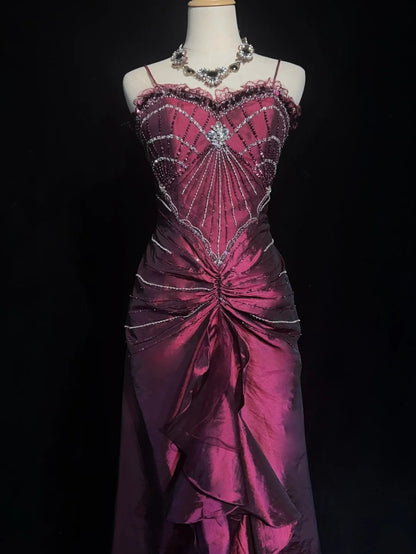 Vintage Abschlussballkleider Meerjungfrau Spaghettiträger Lila mit Perlen Tüll 90er Jahre Langes Abendkleid N2886