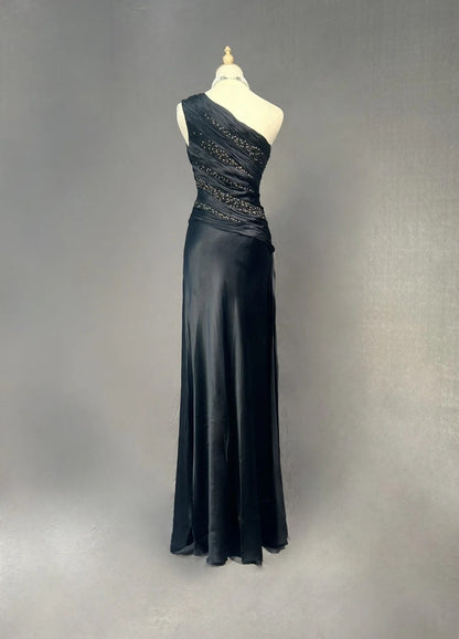 Robes de bal élégantes sirène asymétrique en satin noir cravate robe de soirée formelle longue perlée N3704