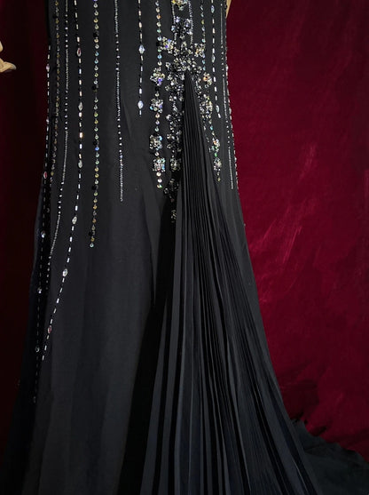 Vintage Abschlussballkleider 90er Meerjungfrau Spaghetti-Träger Schwarz Tie Mit Silberperlen Lang Semi-Formal Abendkleid N3666