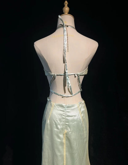 Elegant Chic Prom Dresses Mermaid Halter Green Satin Backless Sleeveless With Beading Semi Formal Evening Gowns N3799