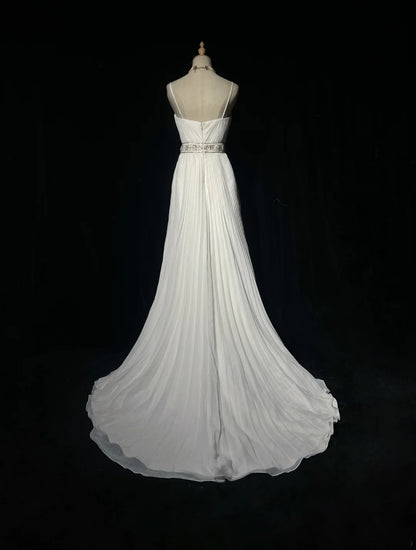 Vintage 90er Brautkleider A-Linie Spaghettiträger Weiß Schlicht Sommergarten Langes Brautkleid N3721