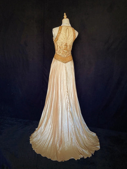 Vintage Abschlussballkleider 80er Jahre A-Linie Neckholder Ärmellos Gold mit Perlen Semi Formale Abendoutfits N3610