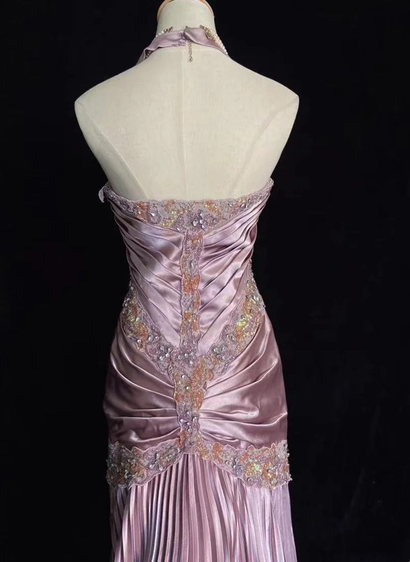 Vintage Abschlussballkleider 80er Meerjungfrau Neckholder Rosa Satin mit Rüschen Lange Abendoutfits N3452