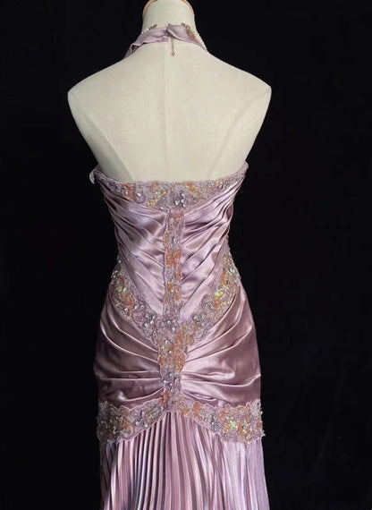 Vintage Abschlussballkleider 80er Meerjungfrau Neckholder Rosa Satin mit Rüschen Lange Abendoutfits N3452