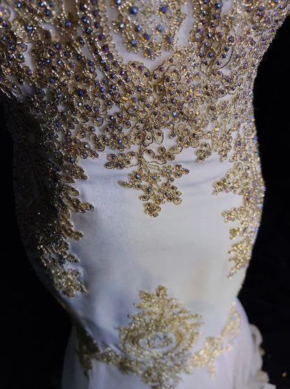Vintage Prom Dresses Inspo Mermaid Spaghetti Strap White With Gold Lace For Women Formal Dress N3221