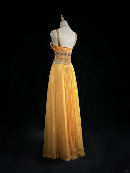 Vintage Abschlussballkleider A-Linie, eckiger Ausschnitt, gelb, plissiert, 70er Jahre mit Perlen, Abendkleid N2535