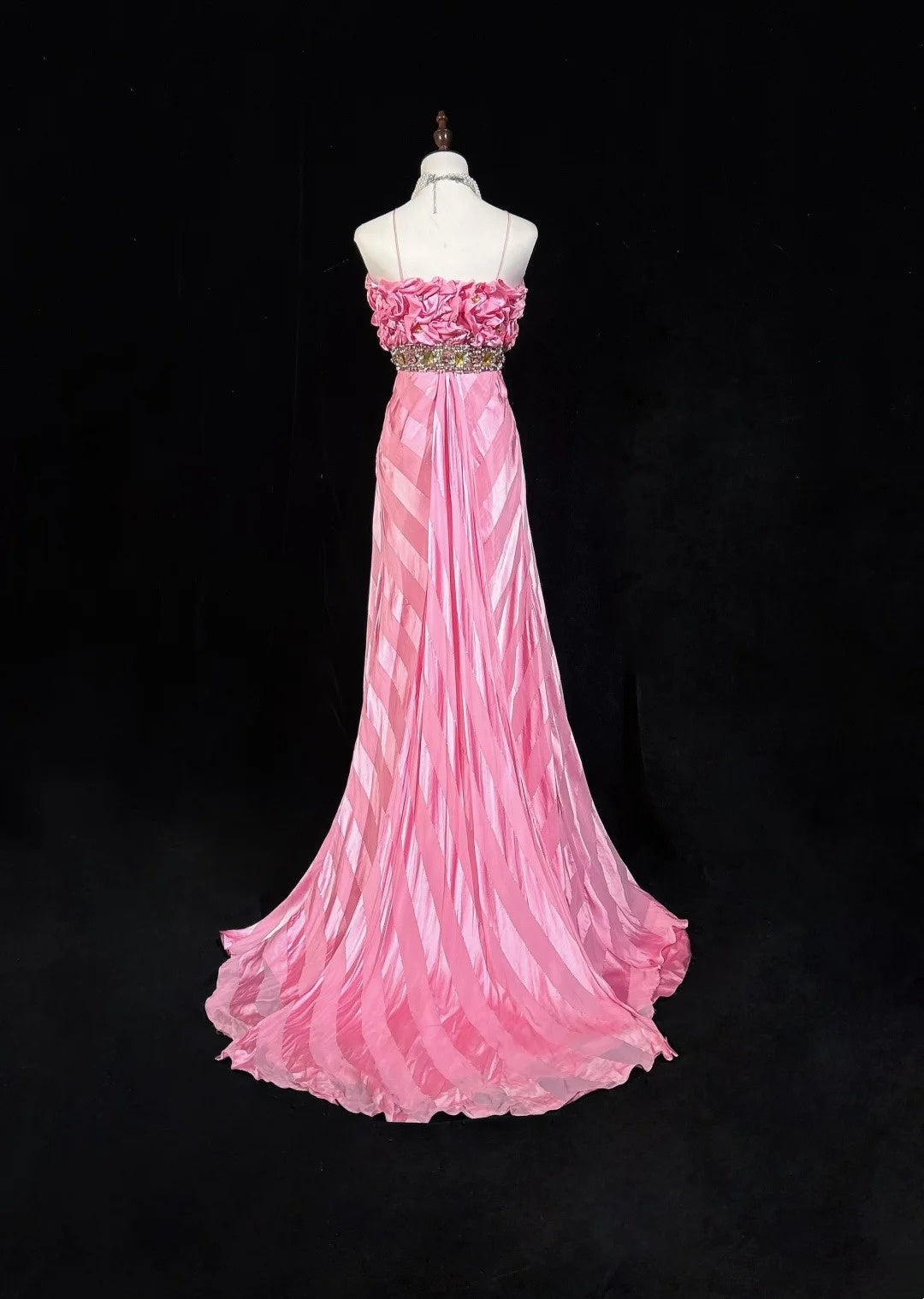Robes de bal vintage, sirène rose à fines bretelles avec dentelle dorée, longues tenues de soirée formelles N3862