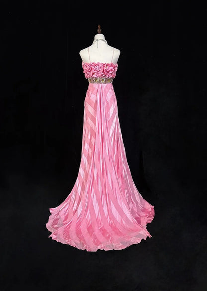 Robes de bal vintage, sirène rose à fines bretelles avec dentelle dorée, longues tenues de soirée formelles N3862