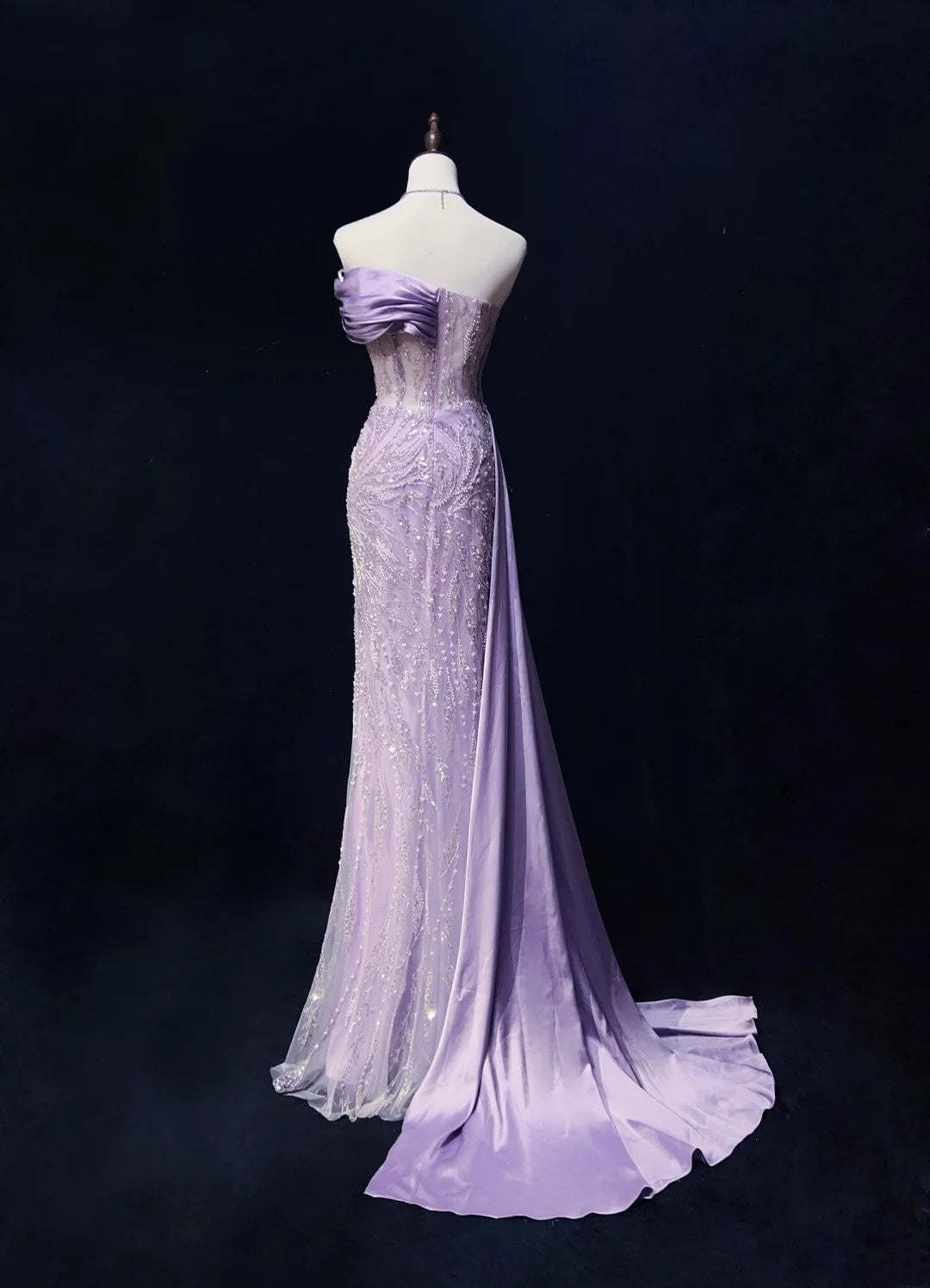 Robe de bal vintage Inspo sirène bustier lilas sequinée avec perles fendues années 80 longue robe de soirée N2742