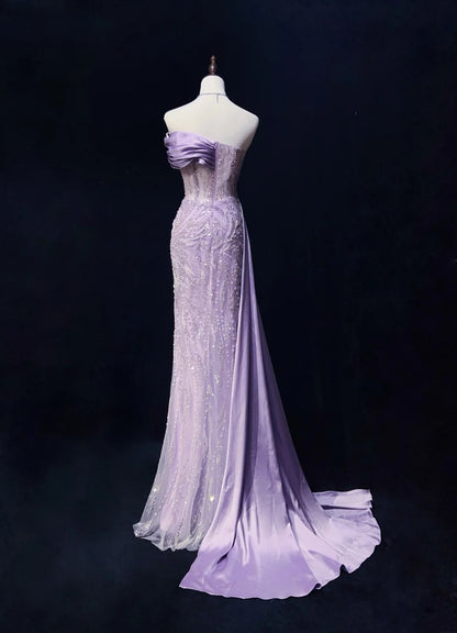 Robe de bal vintage Inspo sirène bustier lilas sequinée avec perles fendues années 80 longue robe de soirée N2742