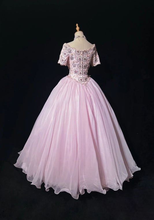 Prinzessin Abschlussballkleider Ballkleid U-Boot-Ausschnitt Rosa Tüll Halbarm Abend langes Quinceañera-Kleid N3285