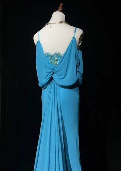 Gothic Glam Meerjungfrauen-Abschlussballkleider mit Spaghettiträgern, blauem Chiffon, ärmellos, mit Perlen, halb-formales Abendkleid N3819