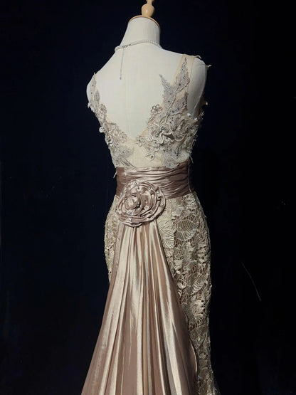 Robes de bal vintage des années 1980 Sirène Col en V Dentelle Rose avec Appliques Perles Longue Robe de Bal N3112