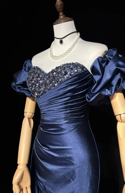 Vintage Prom Dresses Mermaid Sweetheart Navy Blue Satin With Beaded Sleeves 90s Long Formal Evening Gown N2657