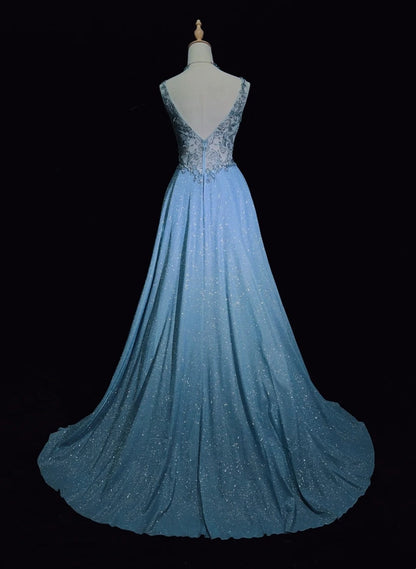 Inspiration Robes de Bal Élégantes Sirène Col V Bretelles Paillettes Bleues avec Volants pour Femmes Robe de Soirée N3227