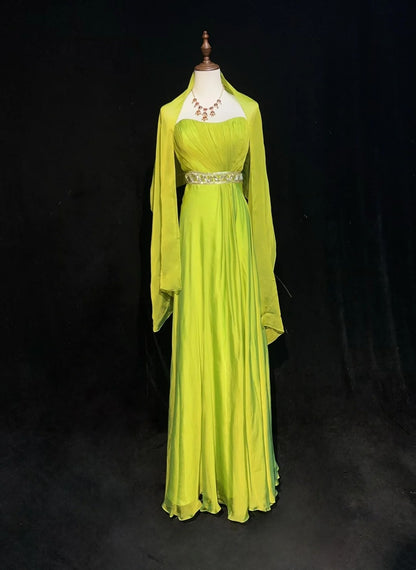 Robes de bal vintage des années 90, en mousseline de soie verte, sans bretelles, coupe trapèze, avec cape plissée, tenues de soirée formelles N3852