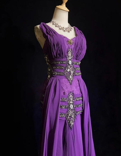 Vintage Ballkleider A-Linie V-Ausschnitt Lila Chiffon Mit Perlen Falten Langes Abendkleid N2460