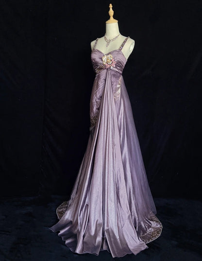 Inspiration Robes de bal vintage Sirène Bretelles fines Satin violet Années 90 avec Robes de soirée perlées N3350