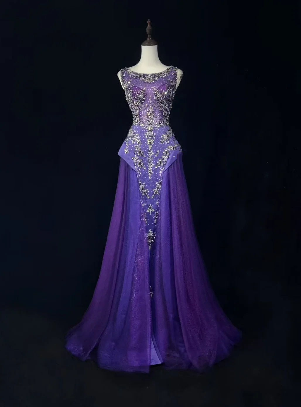 Sirène Vintage Col Bateau Violet Avec Perles Tulle Robes De Bal Longues Inspirations Tenues De Soirée RB4343