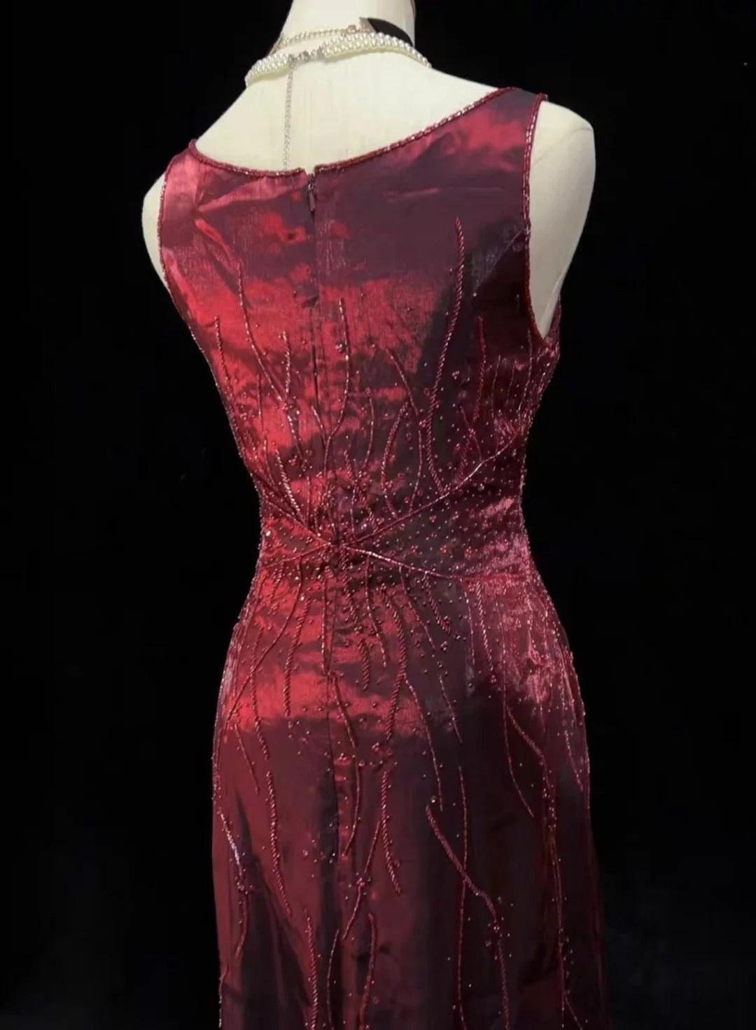 Vintage Prom-Kleider A-Linie Quadratisch Burgund mit Glitzer Perlen 80er Abendkleid Formell RB3278