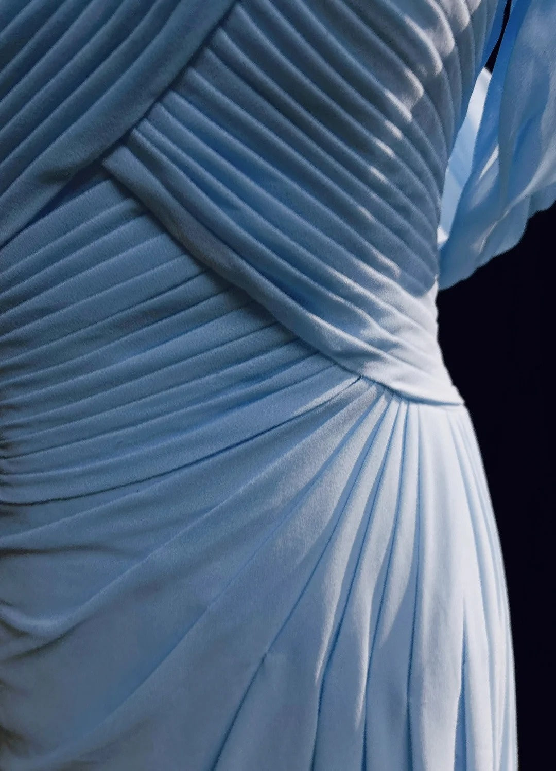 Vintage Meerjungfrau-Abschlussballkleider Schulterfrei Hellblau 70er Jahre mit Rüschen Chiffon Langes festliches Partykleid N2517