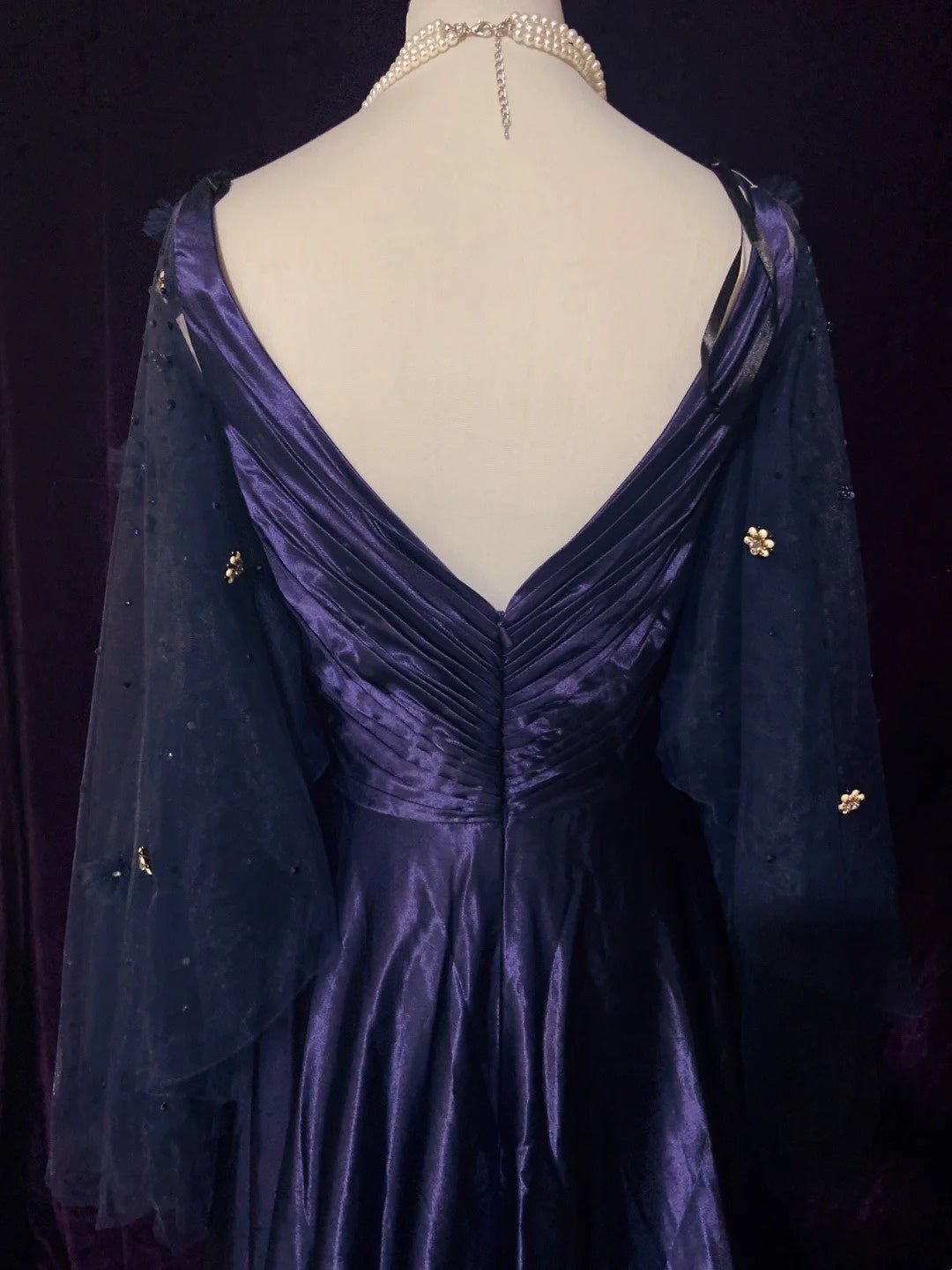 Vintage Ballkleider Inspo A-Linie Empire V-Ausschnitt Marineblau Satin 90er Mit Ärmeln Abendkleider N3314