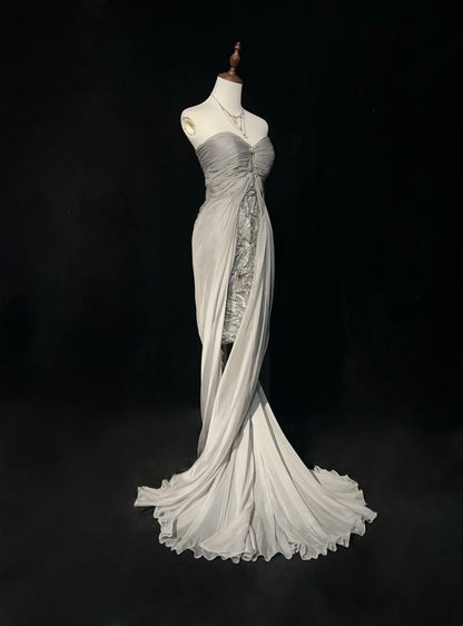 Vintage 90s Prom Dresses Sheath Sweetheart High Low Silver Grey Chiffon Long Prom Gown N3020