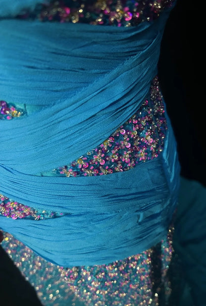 Wunderschöne Abiballkleider Meerjungfrau Trägerlos Blau mit Perlen Lang Festliches Kleid N2928