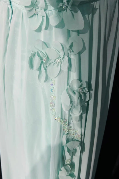 Vintage Prom-Kleider A-Linie Spaghettiträger Mintgrün Chiffon Ärmellos 1980er Lange Formelle Abendrobe N2630