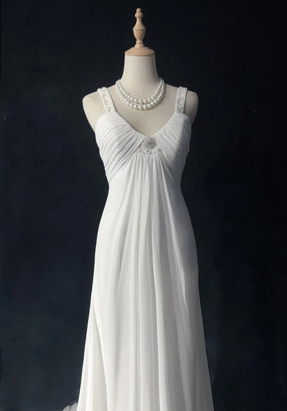 Robes de bal blanches simples, coupe trapèze, col en V, mousseline sans manches avec perles, robe de soirée semi-formelle N3820