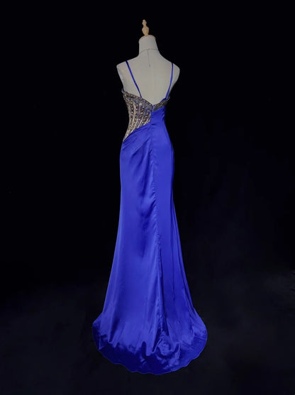 Robes de bal vintage sirène à fines bretelles bleu roi années 70 avec perles robe de soirée longue N2516