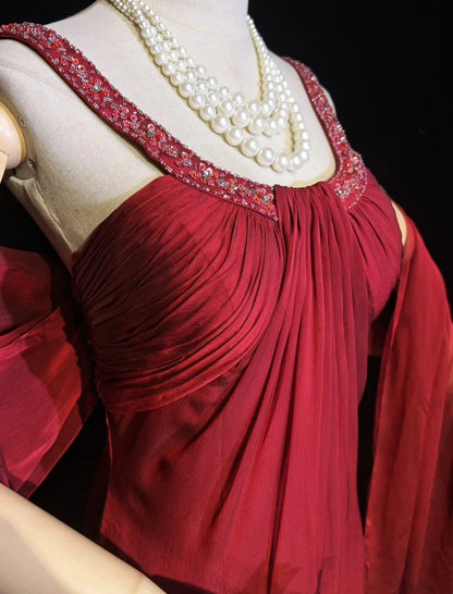 Robes de Bal Élégantes Ligne A Col Bijou Bourgogne Mousseline avec Cape Perles Sans Manches Longue Robe de Soirée Formelle N2885