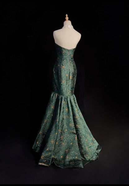 Robes de bal élégantes sirène bustier vert foncé longueur ras du sol dentelle satin robe de soirée N3707