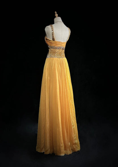 Robe de Soirée Formelle N4198 pour 18ème Anniversaire, Élégante, Jaune Carré, Coupe Trapèze, avec Perles