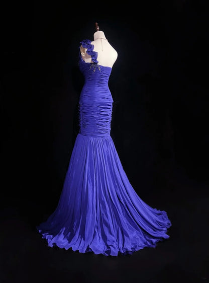 Robes de Bal Vintage Sirène Asymétrique Bleu Royal Mousseline de Soie avec Perles Fleurs 3D Robe Longue de Soirée N2458
