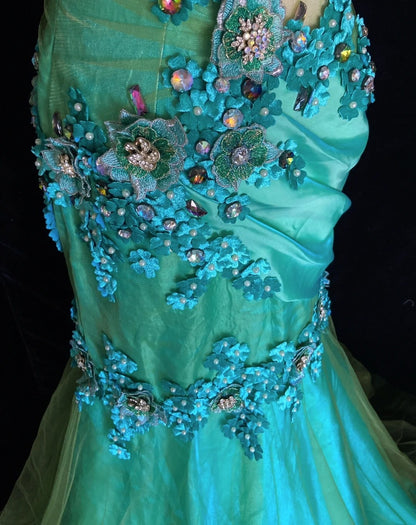 Robes de bal élégantes sirène à fines bretelles en tulle vert avec fleurs, longueur ras du sol, tenues de soirée formelles N3490
