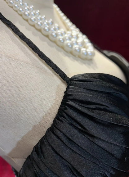 Robes de bal vintage Robe sirène à bretelles spaghetti Robe de soirée noire sans manches en taffetas Robe de soirée longue années 90 N2882