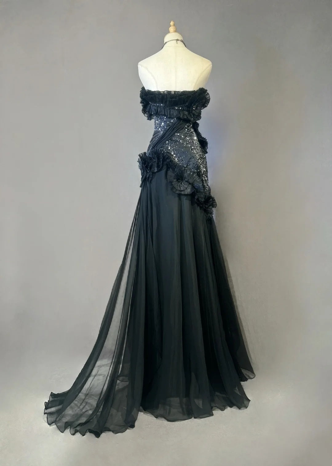 Robes de bal vintage Sirène Bustier Robe de soirée noire en mousseline de soie avec perles Robe de soirée longue années 1980 N2621