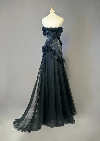 Robes de bal vintage Sirène Bustier Robe de soirée noire en mousseline de soie avec perles Robe de soirée longue années 1980 N2621